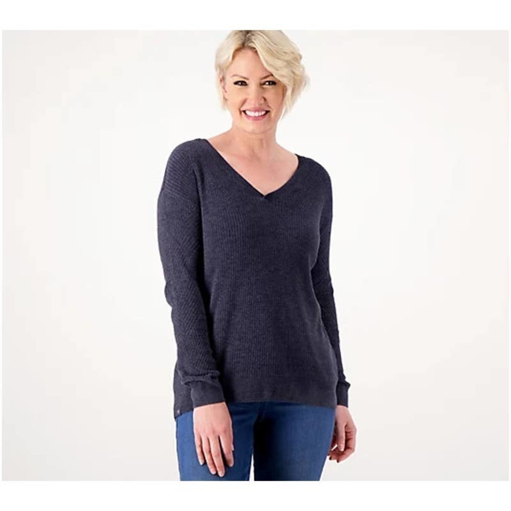 Barefoot Dreams Indigo CozyChic Ultra Lite Pointelle Rib V-Neck Pullover Size XS